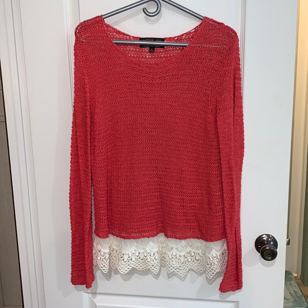 Large Coral Active USA Collection crochet and lace see through sweater
